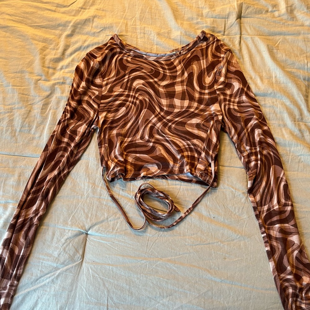 Pacsun Brown Swirl Wrap Tie Long Sleeve Crop Top